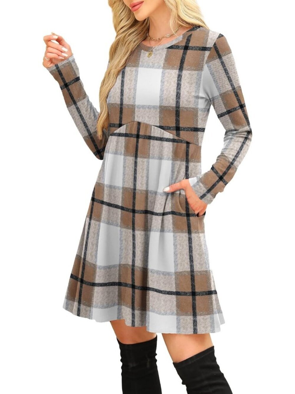 Women's Brown Palid Long Sleeve Comfort Crew Neck Empire Waist Tunic Mini Dress - Picture 4 of 5